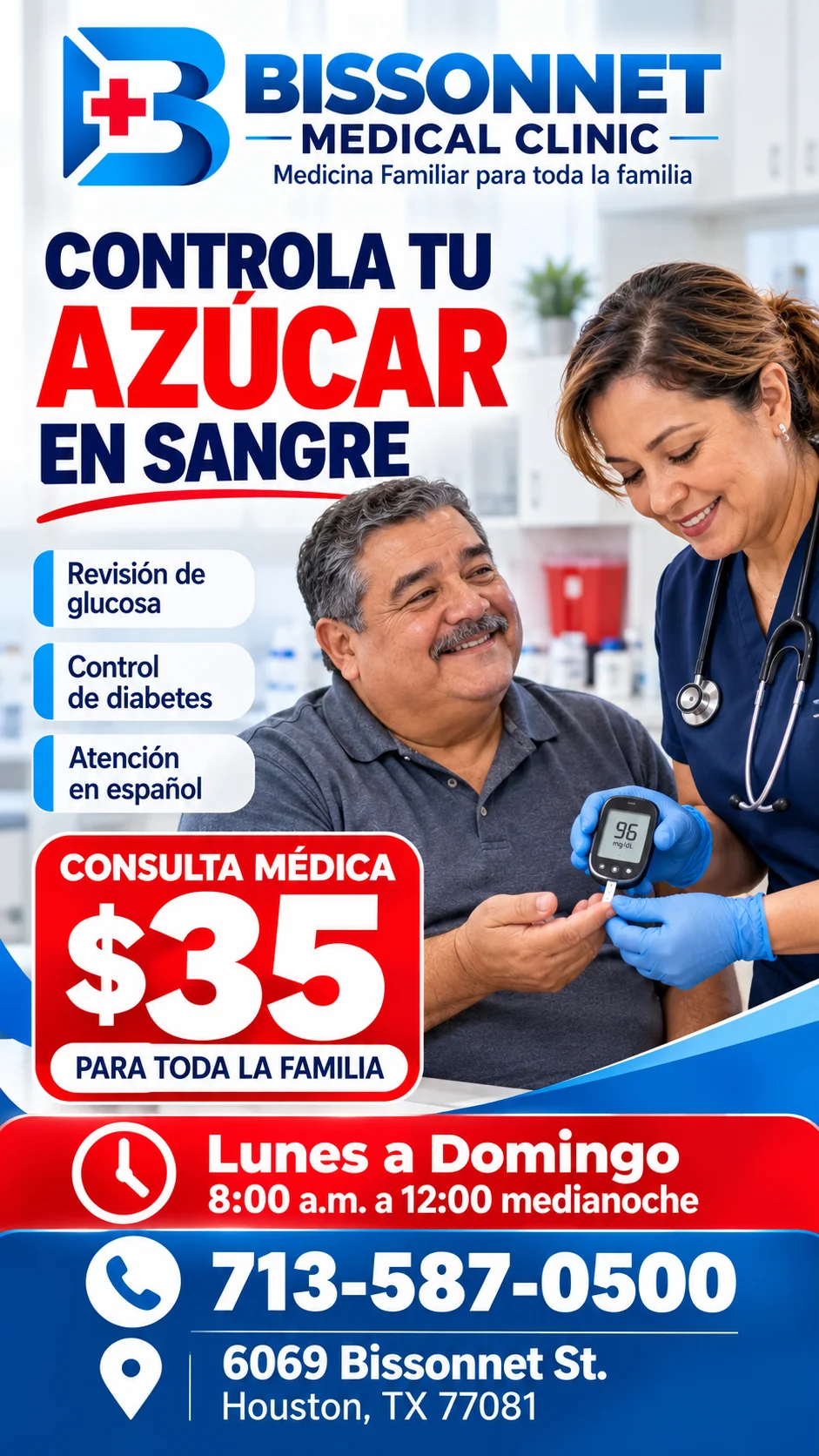Atención en español para el control de diabetes y revisión de glucosa